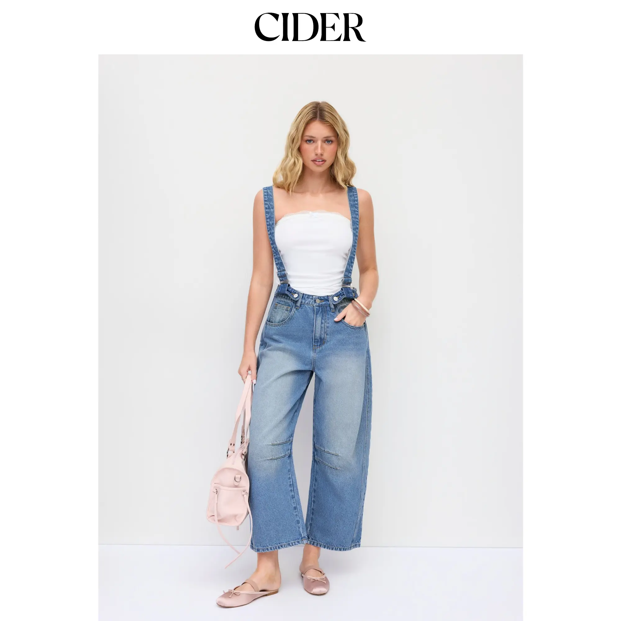 Cider Denim Washed Low Rise Ruched Metal Detail Barrel-leg Cropped Overalls