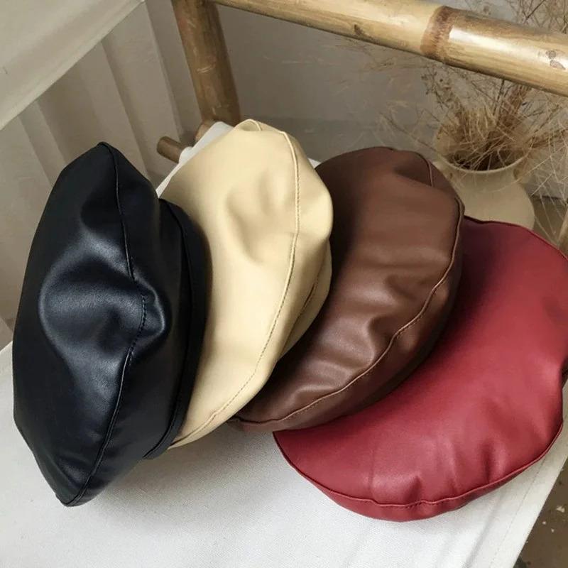 Fashion Autumn Winter Beret Beanie Hat Women Plain Beret Hats Solid Color Elegant Men Women Artist Caps PU Leather Painters Caps