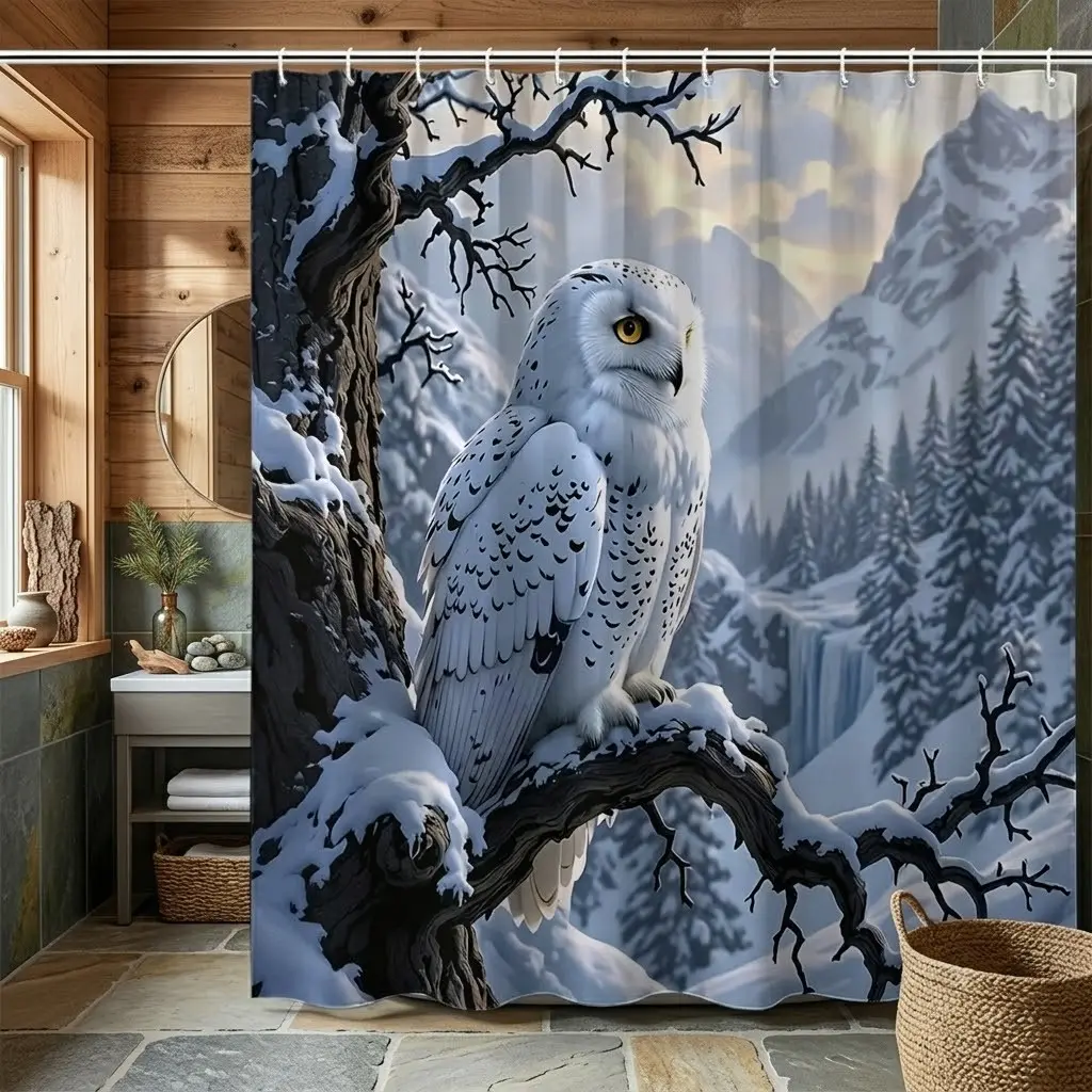 1pcs Snowy White Owl Mountain Winter Shower Curtain, Snow Tree Pine Forest Frozen Waterfall Scenery Art Print Bathroom Curtain, Wilderness Nature Decor For Holiday Home Bath Interior Decoration