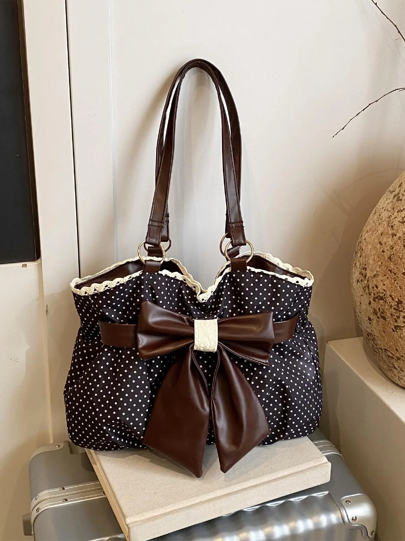 Trendy Fashion Large Capacity Polka Dot Bow Decor Bag, Handheld Shoulder Bag, Stylish Women's Accessory, Perfect for Daily Use, Bow Shoulder Bags, Fashion Patterned Bag