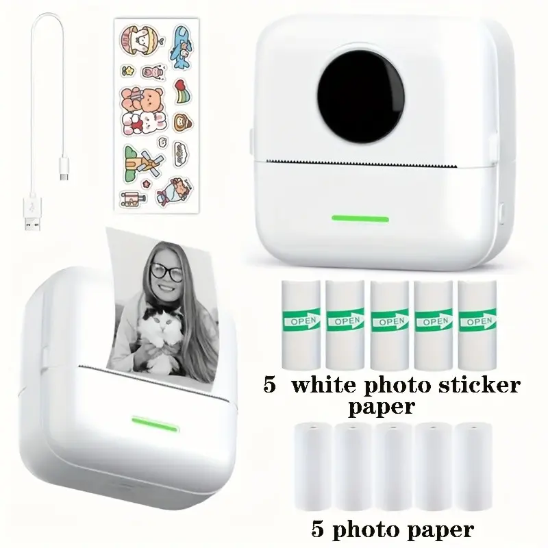 Wireless Multi-Functional Portable Printer, Bluetooth-compatible Thermal Printing, Includes 5 Rolls Thermal Paper, 5 Rolls Adhesive Stickers, Inkless Printer