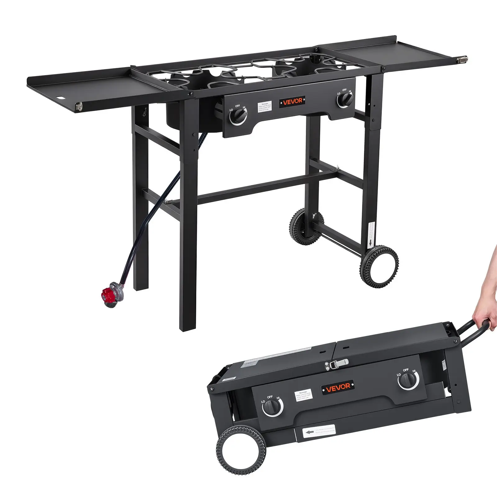 VEVOR 2-Burner Outdoor Propane Gas Stove, 150000 BTU LPG Camping Stove, Foldable Heavy Duty Carbon Steel Outdoor Cooker with Wheels, Shield & 20 PSI Regulator, for BBQ, Camping, Patio Use