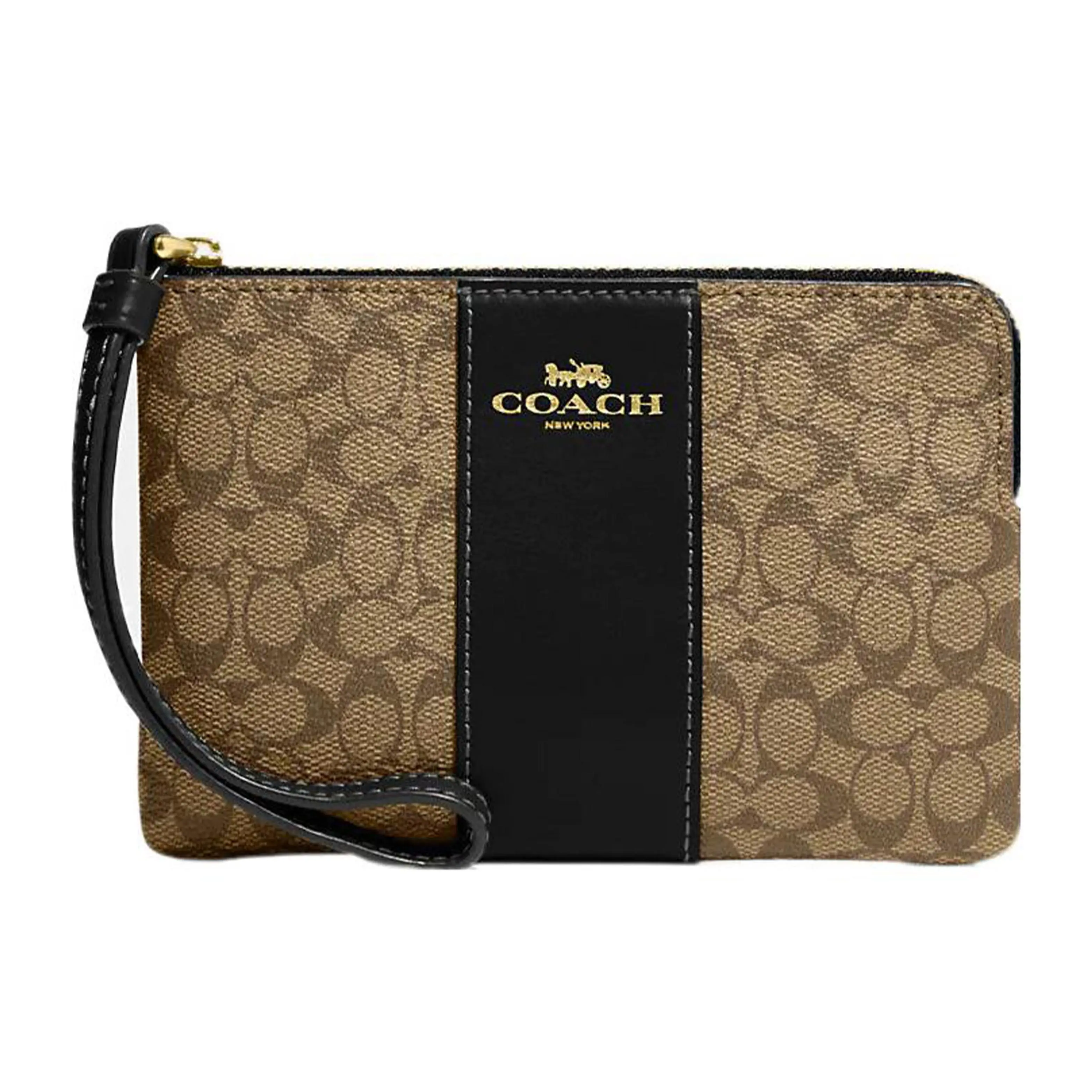 COACH Corner Zip 16 Logo-Embossed Quilted Canvas and Leather Wristlet Clutch for Women in Khaki and Black