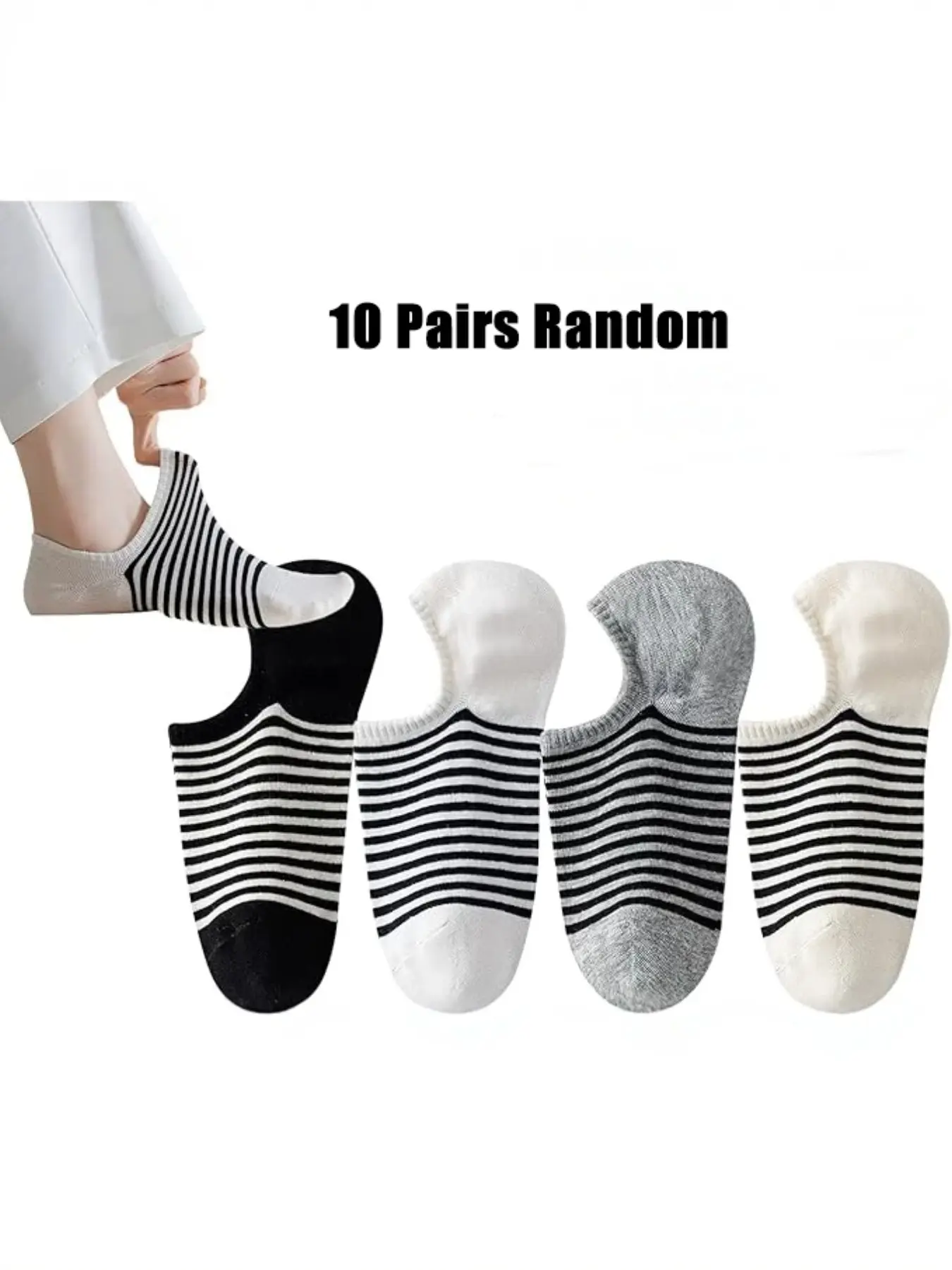10 Pairs Striped Low-Cut Women's Thin Invisible Crew Socks, All Seasons, Non-Slip, Soft High-Elastic, Casual & Formal Wear