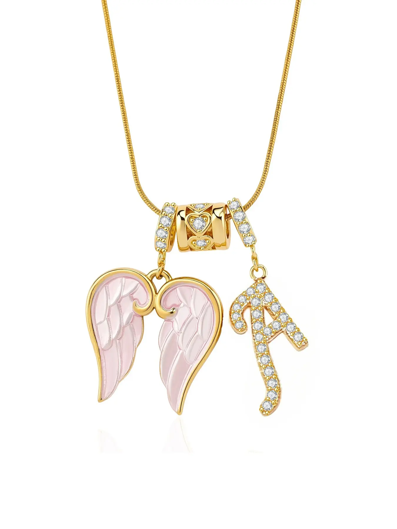 Angel wing initial necklace, gold-tone letter pendant for women, pink wing initial accessory, custom pink enamel wing pendant, delicate initial jewelry, sparkling rhinestone gift, keepsake, birthday gift.