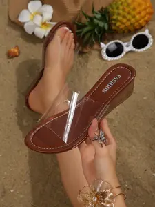 Women's Transparent PVC Strap Sandals, Fashionable Slide Sandals, Anti-Slip Heel, Open-Toe Slip-On Shoes, Casual & Office Wear, Summer Footwear