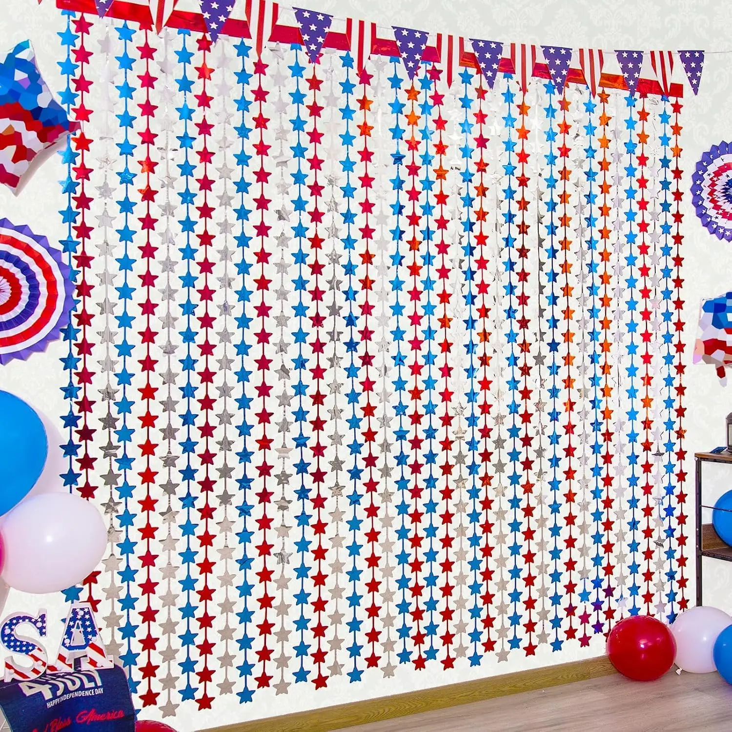 4th of July Decorations, 3 Pack Red White and Blue  Backdrop | Patriotic  Tinsel Foil Fringe Curtains 4th of July Photo Booth Prop Streamers Memorial Day Labor Day Veterans Day Decor