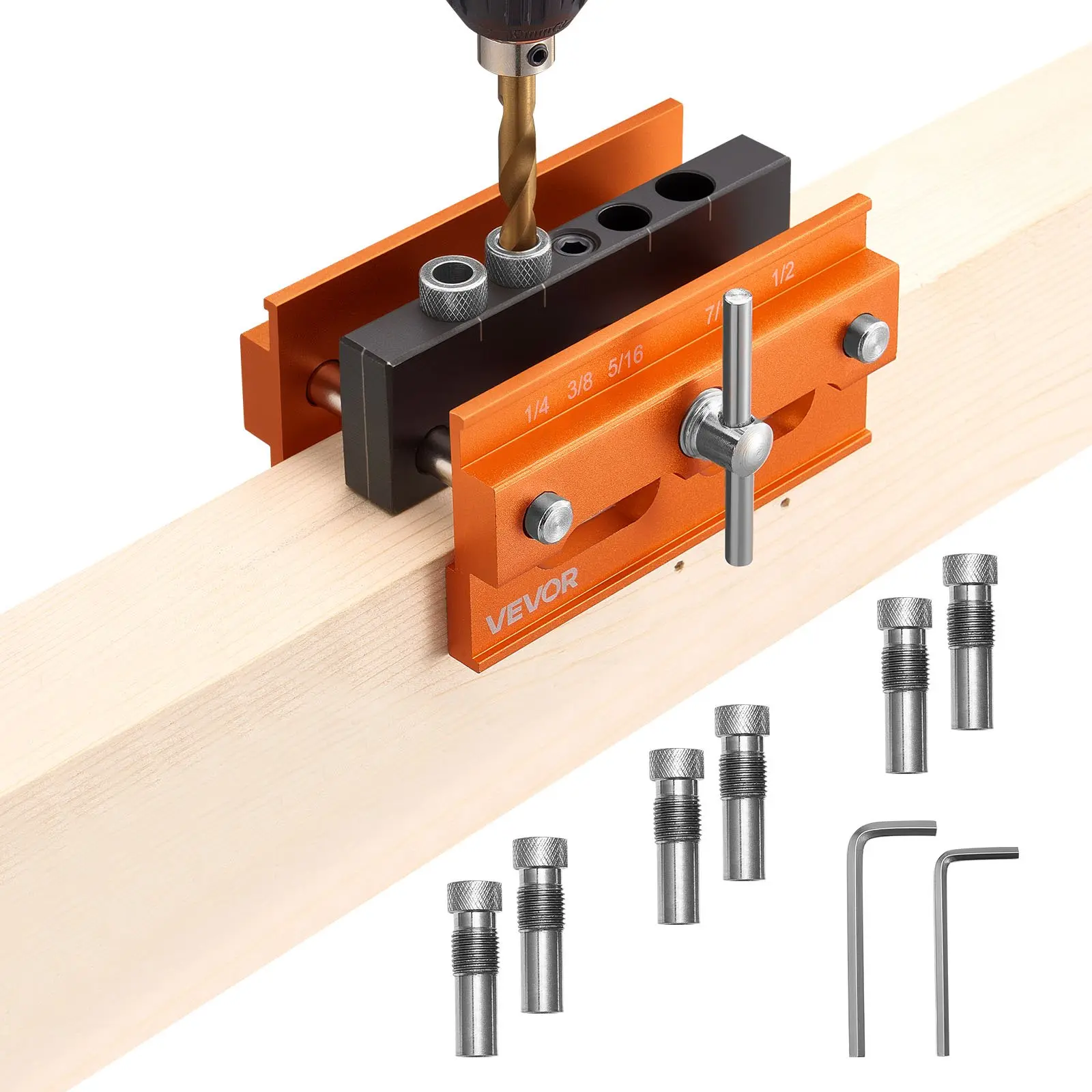 【DealsForYouDays】VEVOR Doweling Jig Kit, Self Centering Dowel Drill Jig for Straight Holes, Aluminum Alloy Woodworking Tools with 6 Drill Guide Bushings, Adjustable Width, for Wood Working, Drilling and Marking