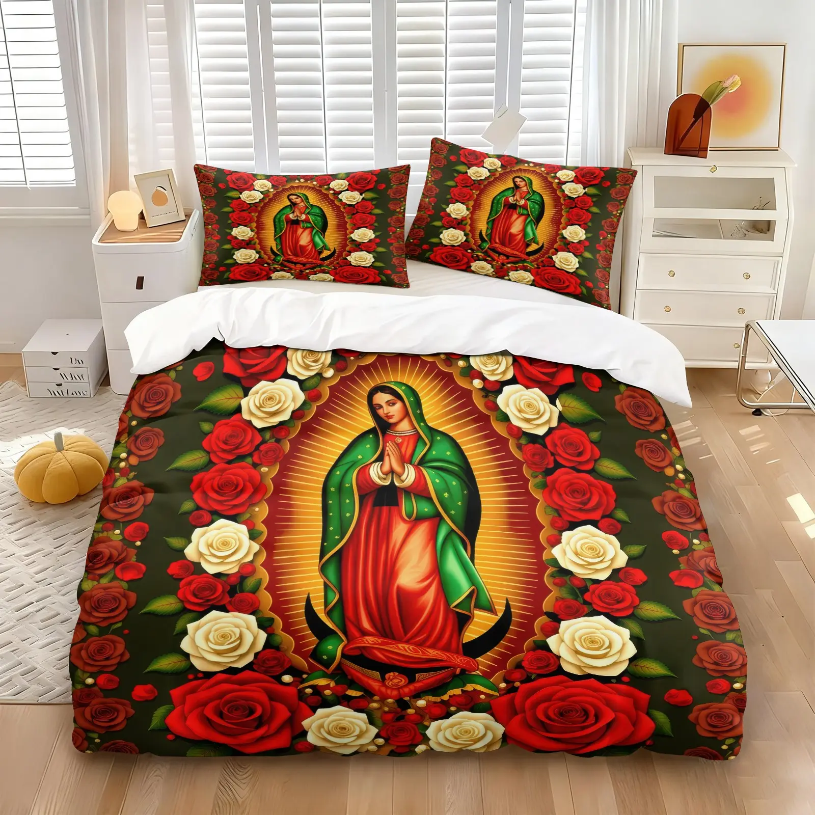 Our Lady of Guadalupe Mexican Rose Duvet Cover Set, Including 1 Duvet Cover & 1/2 Pillowcases, Vibrant Red White Floral Religious Pattern, Latin Culture Bedroom Decor, Ideal Gift for Faith Believers and Chicano Art Lovers