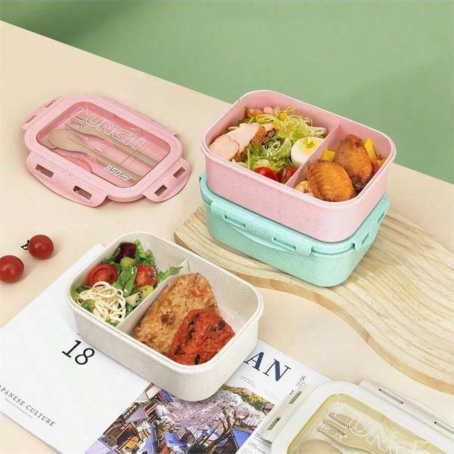 Lunch Box with Cutlery Set, 1 Set Reusable Double Grid Lunch Box with Spoon & Fork, Portable Lunch Container for Kitchen, Outdoor, Learning Supplies