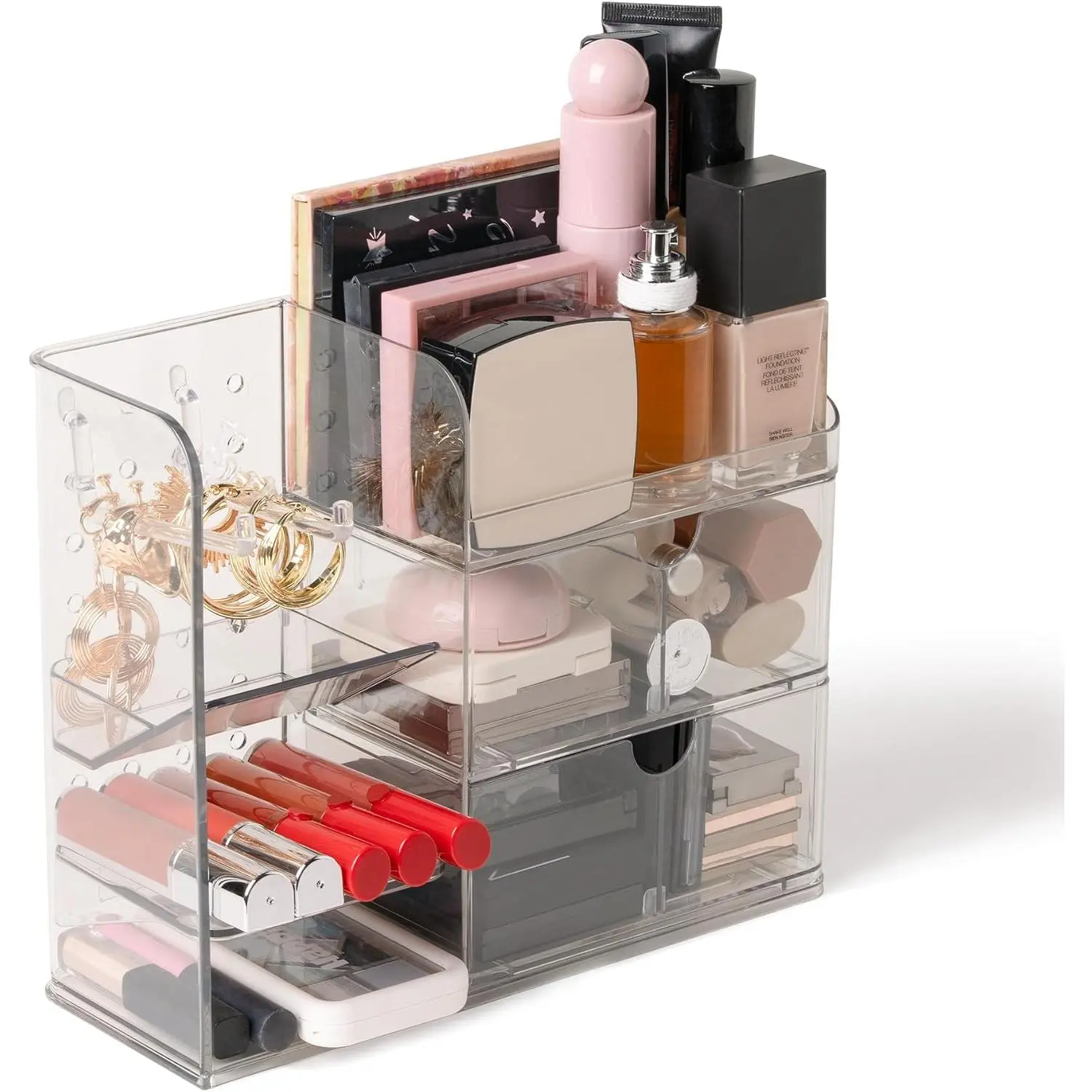 3 Tier Clear Makeup Organizer with Drawer, 10''W  Storage for Dresser Countertop and Bathroom , Beauty Holder for Lipstick Brush Skincare
