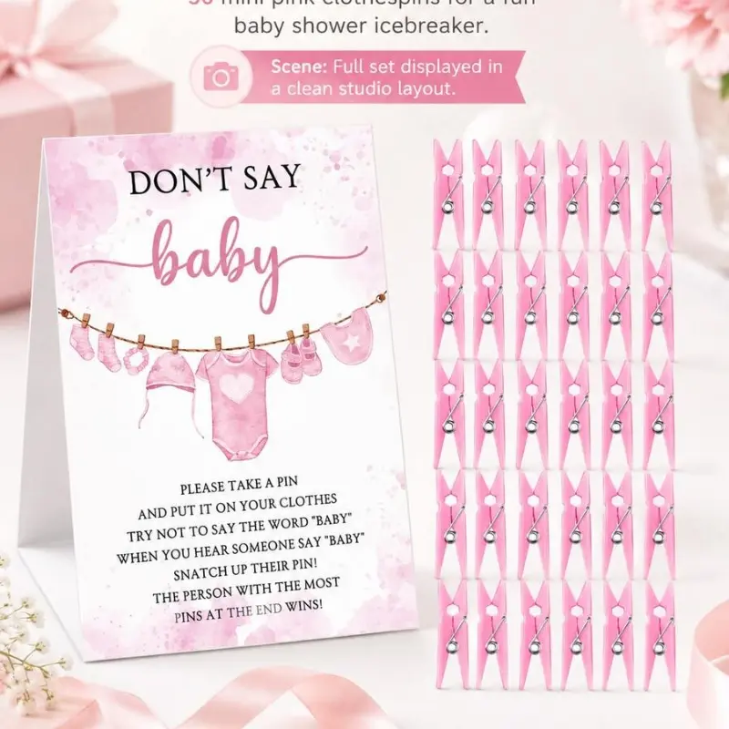 "Don't Say Baby" BPink Watercolor Clothesline Table Sign with Mini Pink Plastic Clothespins, Fun Icebreaker Group Game Supplies for Girl Baby Shower, Pink Gender Reveal &Welcome Baby Party Decorations