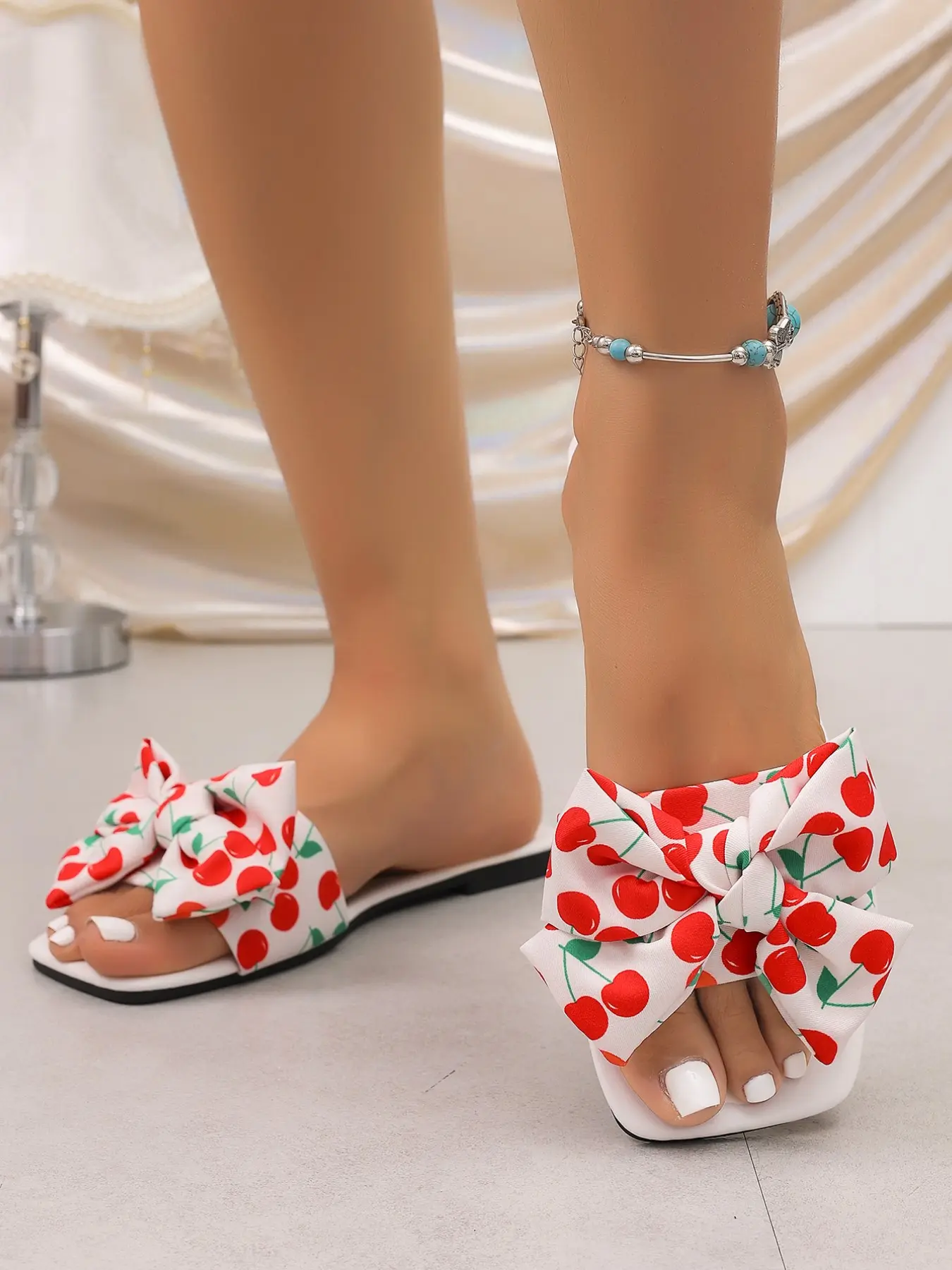 Fashion Women's Sandals, Cute Cherry Print, Large Bow, Flat Slip-On Shoes, Lightweight Summer Beach Casual Footwear