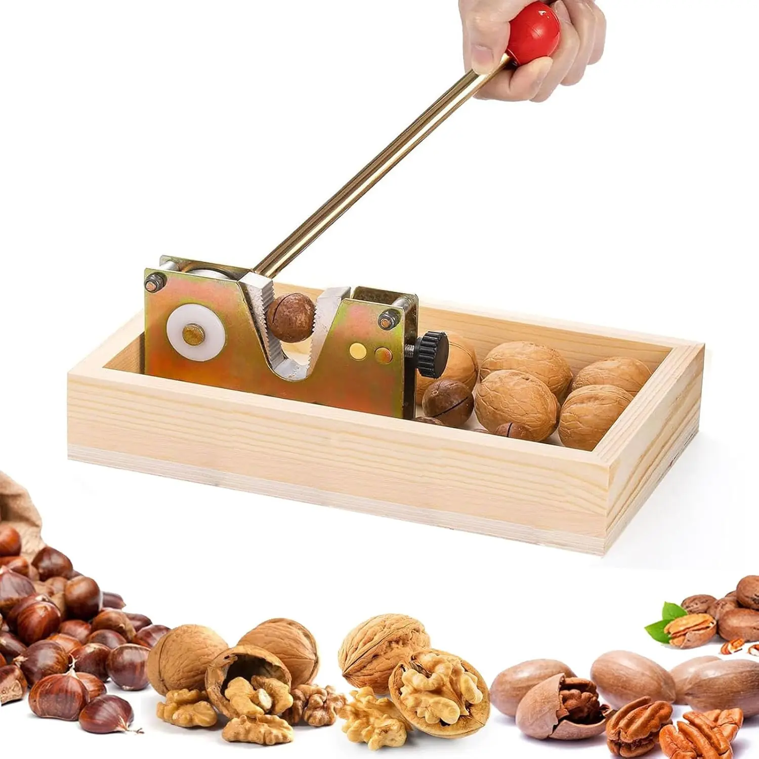 Heavy Duty Adjustable Manual Nut Cracker with Wooden Base Suitable for All Nuts Including Walnut Pecan Macadamia Hazelnuts Chestnut