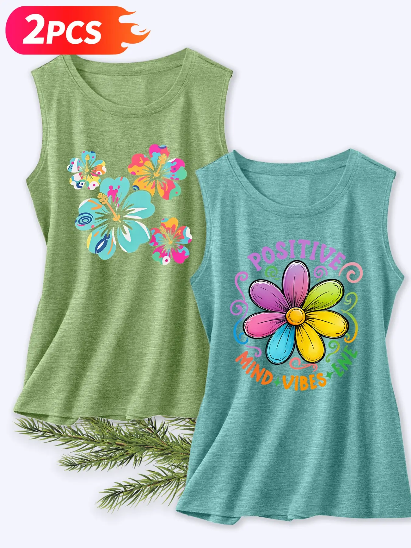 2Pcs Women Crew Tank, Rainbow Hibiscus Positive Floral Bright Print, multi-color washable loose vest