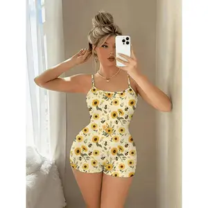 Women's Bee and Sunflower Print Sexy Camisole Bodysuit Sleepwear
