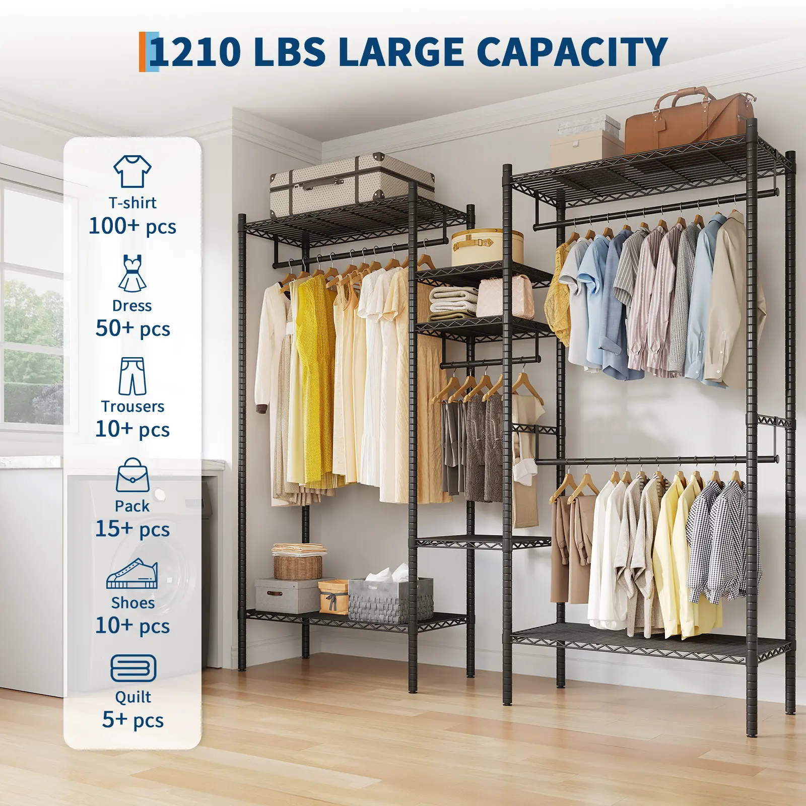 Garvee Heavy Duty Steel Freestanding Clothes Rack Organizer - Hangable Metal Wardrobe with Adjustable Shelves, Portable Black Storage System, 1210 lbs Max Load, 86.2x17.3x76.4 in