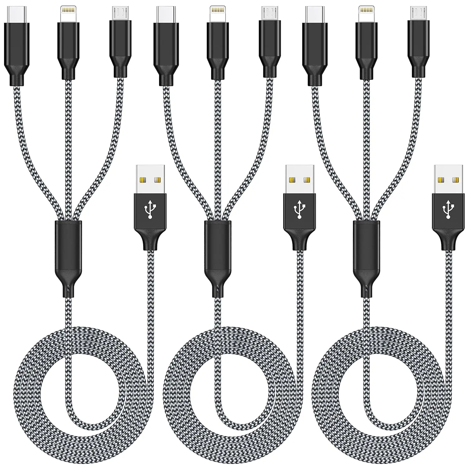 Baby & Maternity Multi Charging Cable 4ft 3-Pack 3-in-1 Nylon Braided Cord, Rapid Charger for Multiple Phones with USB-C/Micro/Lightning Connectors