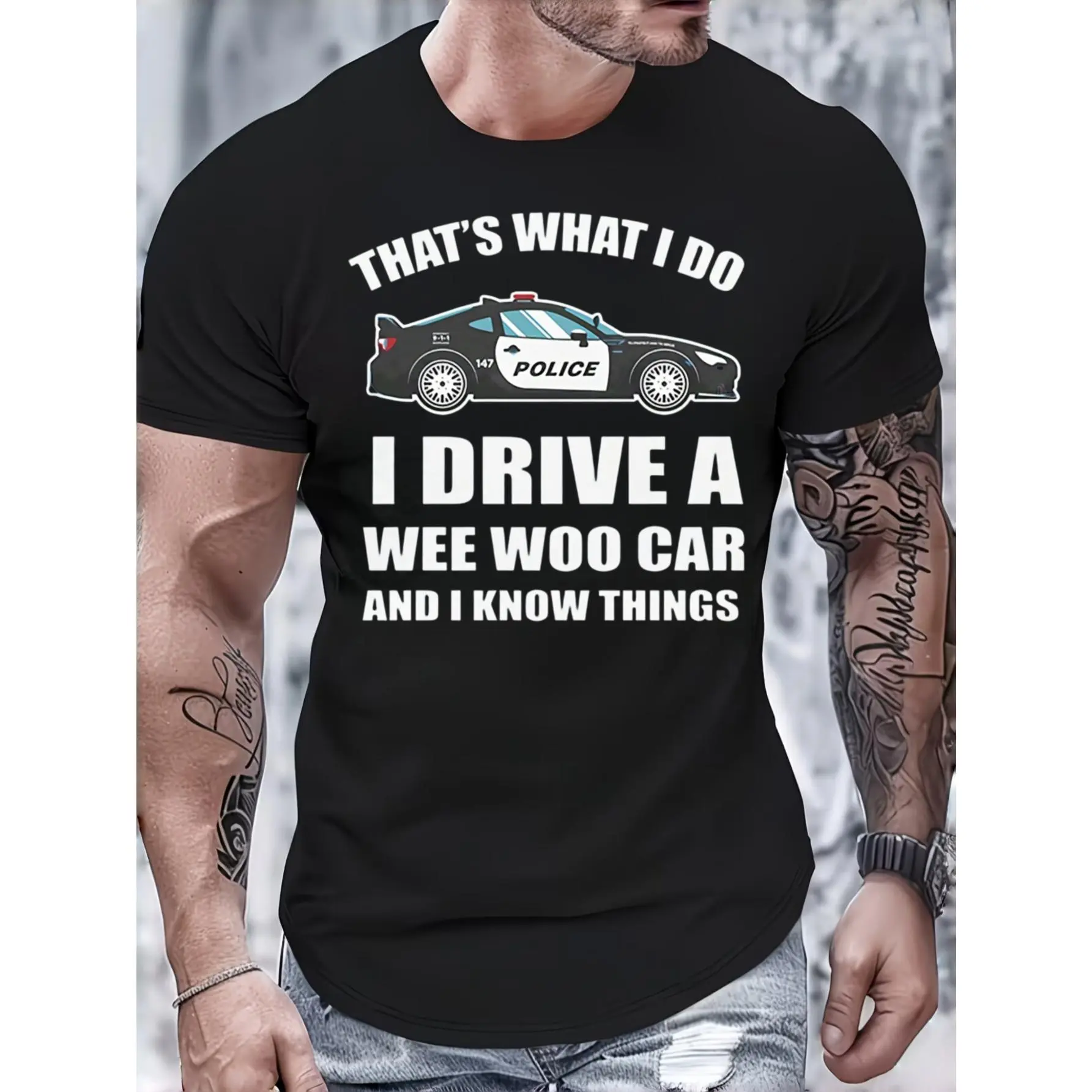 Breathable Men's Fashion Tshirt, Casual Streetwear with Police Car "Wee Woo" Graphic Print, Summer Daily Wear Matching Gift for Police Officers
