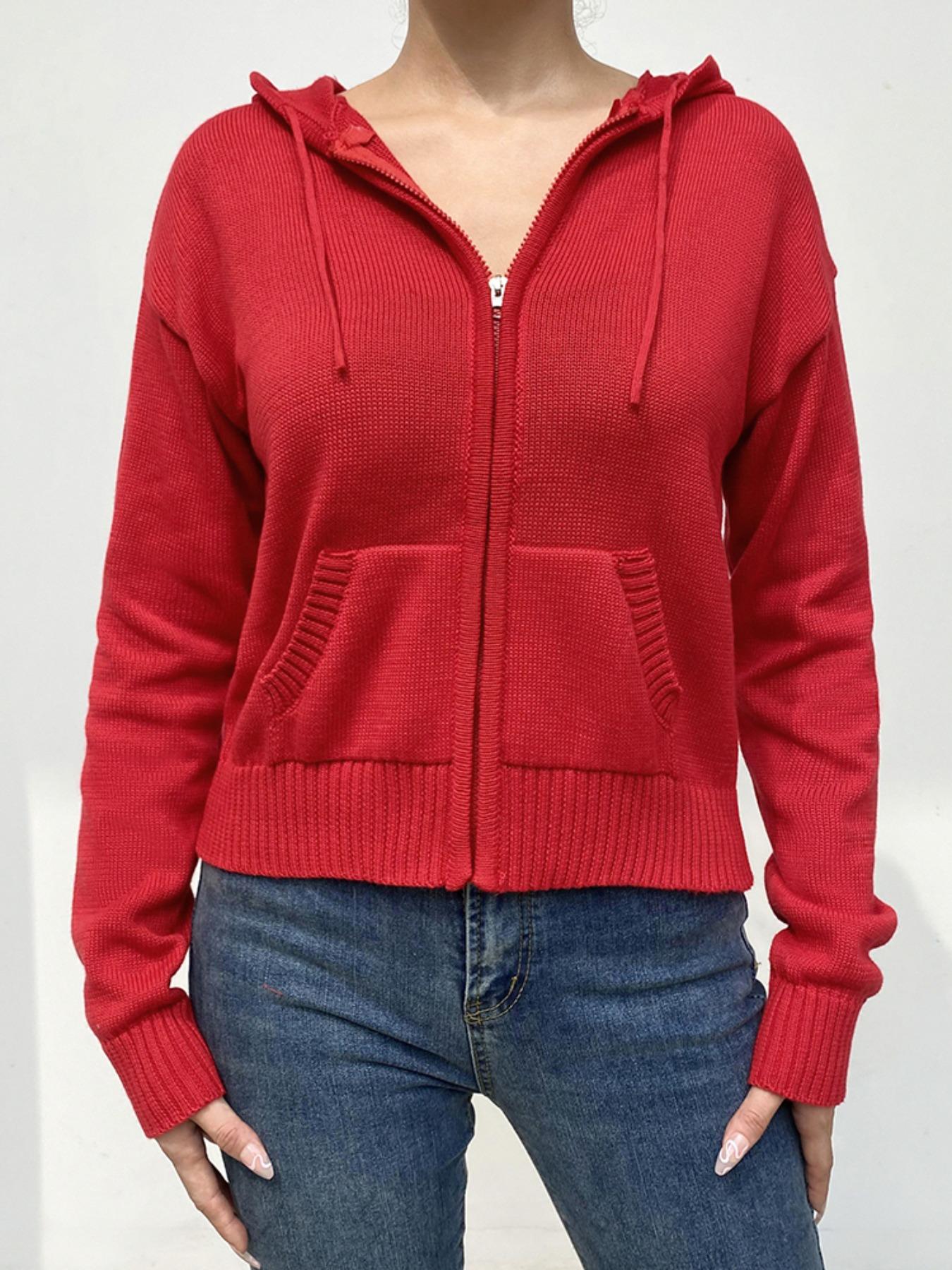 Women's Plain Drawstring Drop Shoulder Zip Up Hooded Crochet Cardigan, Casual Solid Dual Pocket Long Sleeve Outerwear, Women's Clothing
