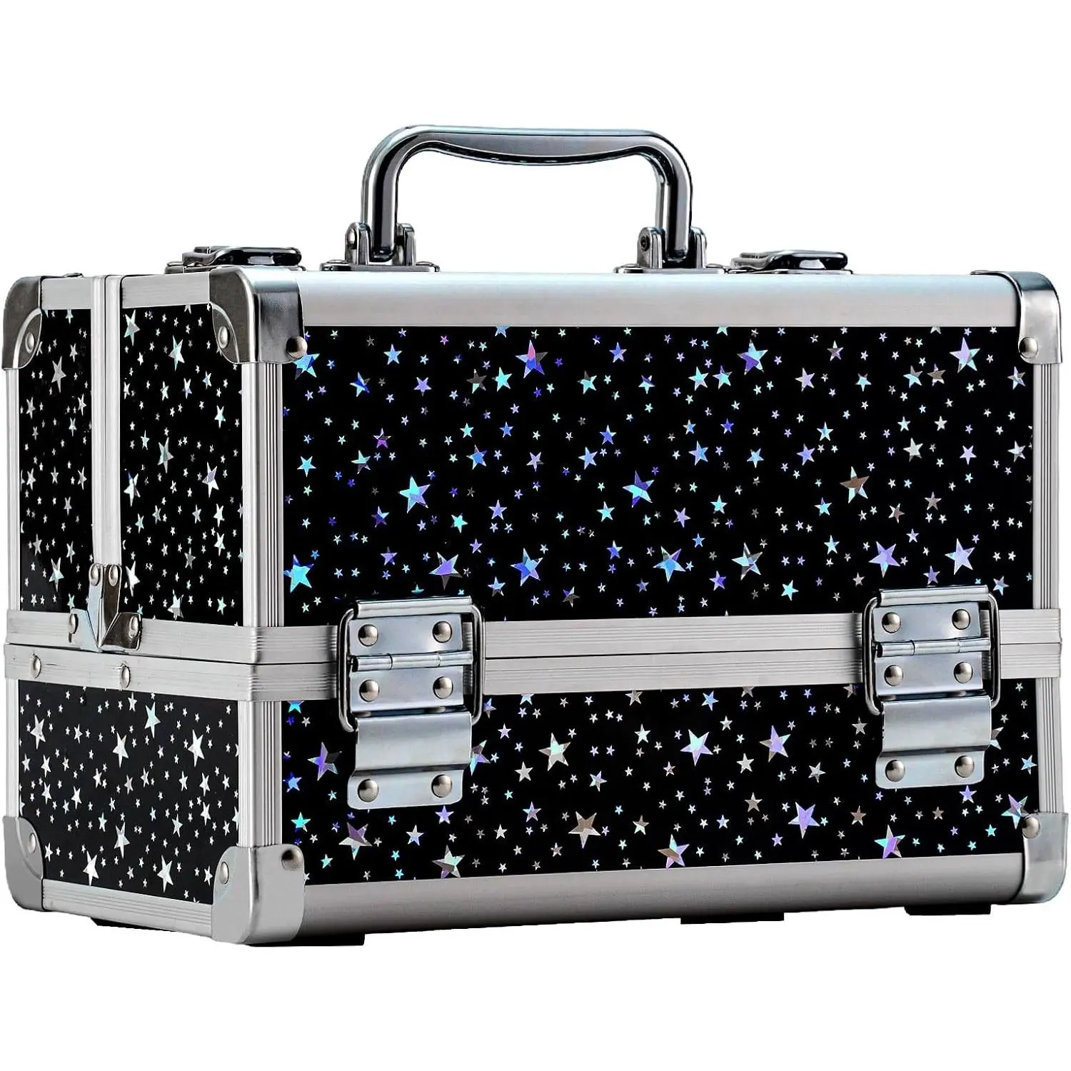 Makeup Train Case Cosmetic Box Portable Makeup Case Organizer 2 Trays Makeup Storage for Cosmetologist Aesthetic Supplies Nail Tech Traveling Makeup Box (Flashing Star)Gift.
