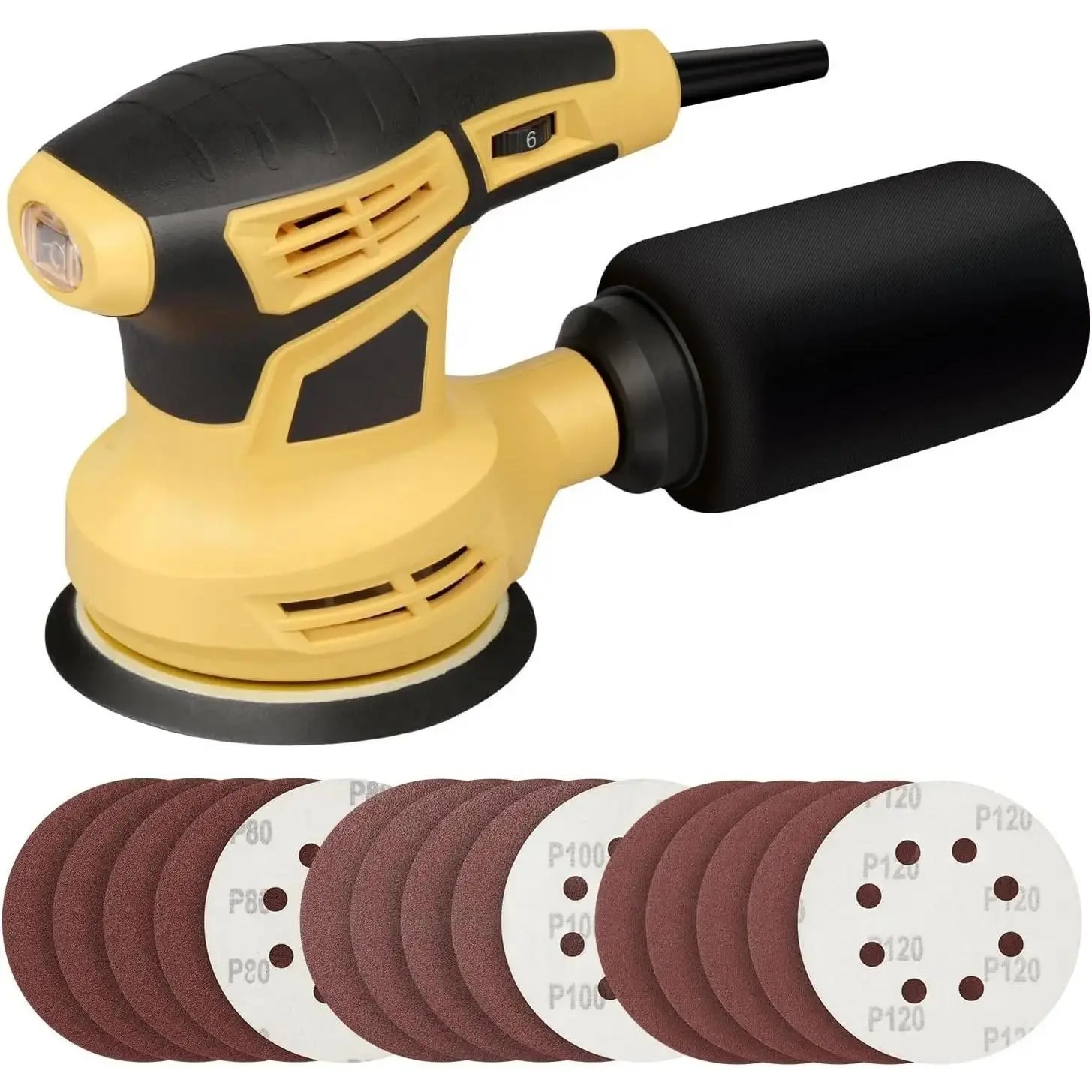 Random Orbital Sander, 2.4Amp 5-Inch Corded Palm Sander, Max 13000 OPM Electric Drywall Sander with 6 Variable Speed, 15 count Sandpapers and Dust Bag for Woodworking Sanding Polishing