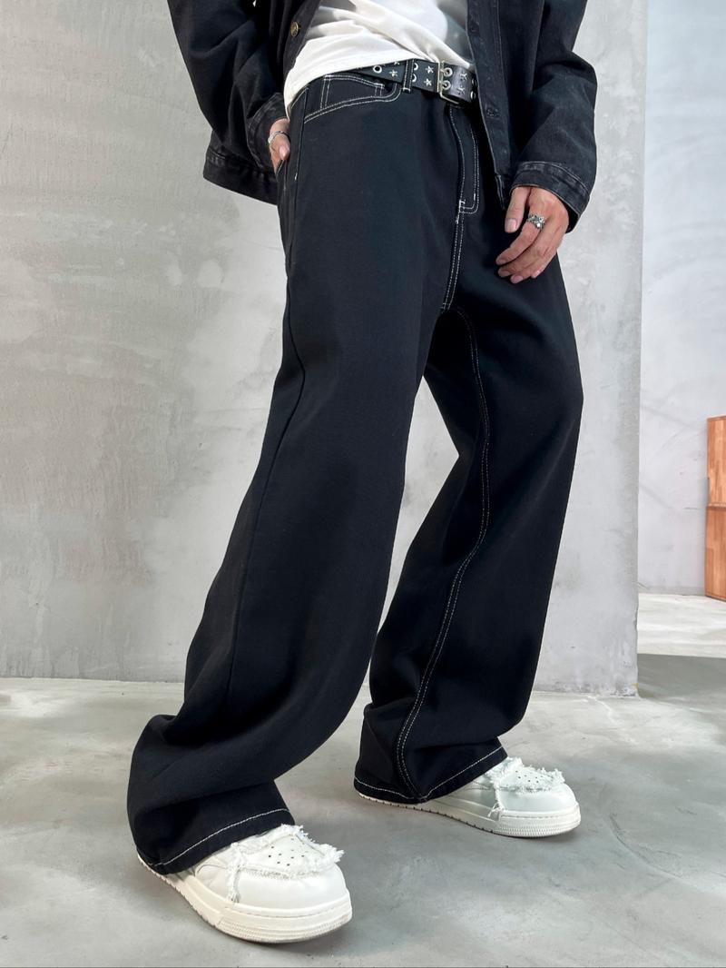 Men's Solid Color Loose Straight Leg Jeans, Casual Comfy Denim Jeans for Daily Wear, Woven Bottoms for All Seasons Pants, Dark Wash Cuffed