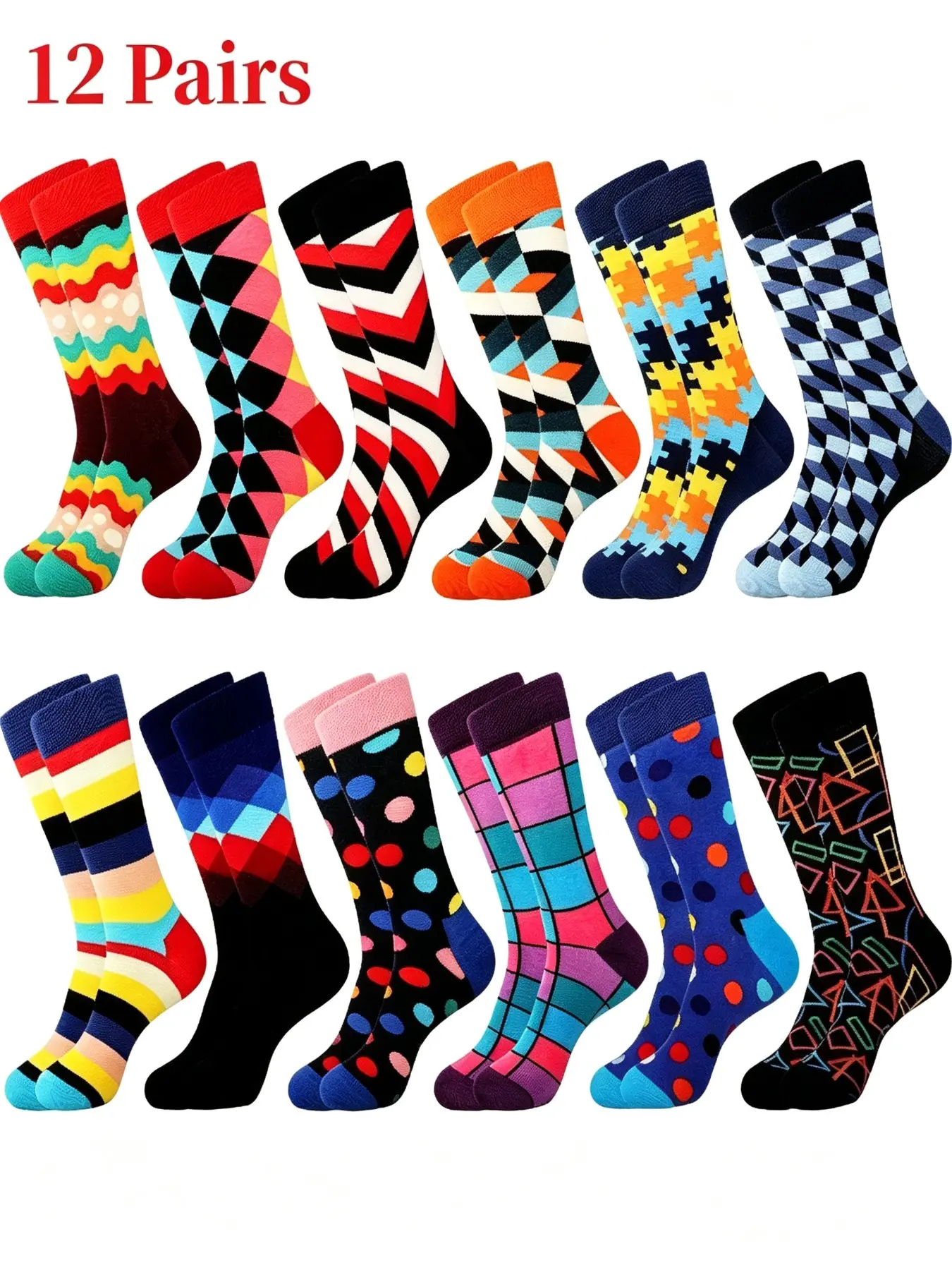12 Pairs Men's Multicolor Geometric Pattern Casual Long Socks, Flexible Fit, Perfect for Work and Holidays, Gift for Birthday, Thanksgiving, Christmas