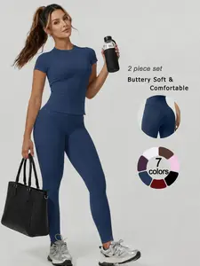 2 Piece Set Women’s Short Sleeve Top and Pants Set Solid Color Crew Neck Slim Fit Breathable Workout Outfit Buttery Soft Comfortable Tummy Control Butt Lifting Four Way Stretch Pilates Yoga Set for Outdoor Running Cycling Gym Training Casual Fitness Wear