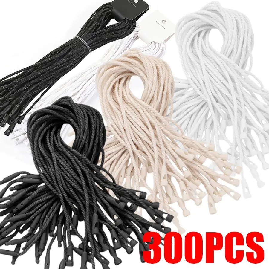 300Pcs 20cm Hang Tag String, Pre-strung Snap Lock Fasteners, Black/White/Beige Polyester Tag Loops for Clothing, Jewelry, Product Labeling