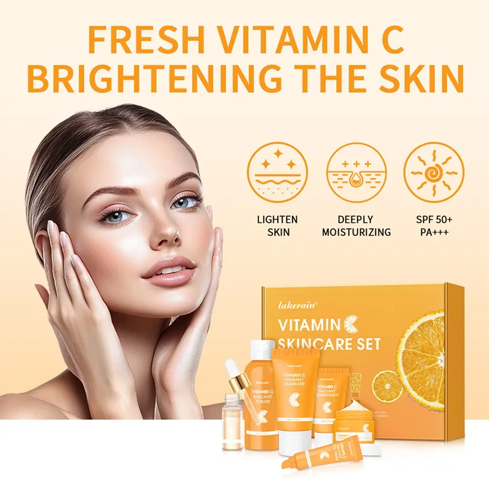 1Set Vitamin C skin care set Cleansing toner essence liquid face cream face care set Women's cosmetics holiday gift