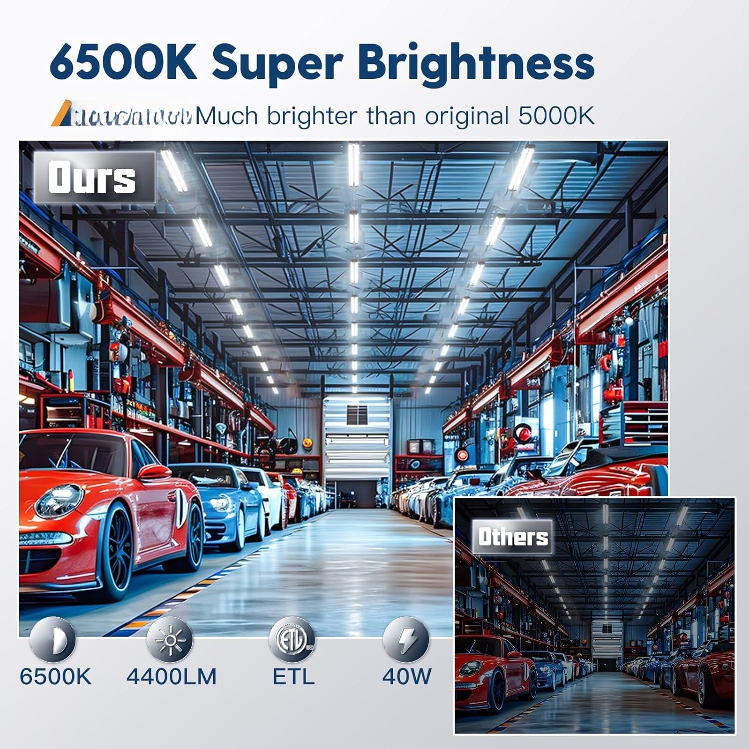 4 Pack Linkable LED Utility Shop Light, 4400 LM, Super Bright 6500K Cool Daylight, 4 FT Integrated Fixture for Garage, 40W Equivalent 250W, Surface + Suspension Mount, Black