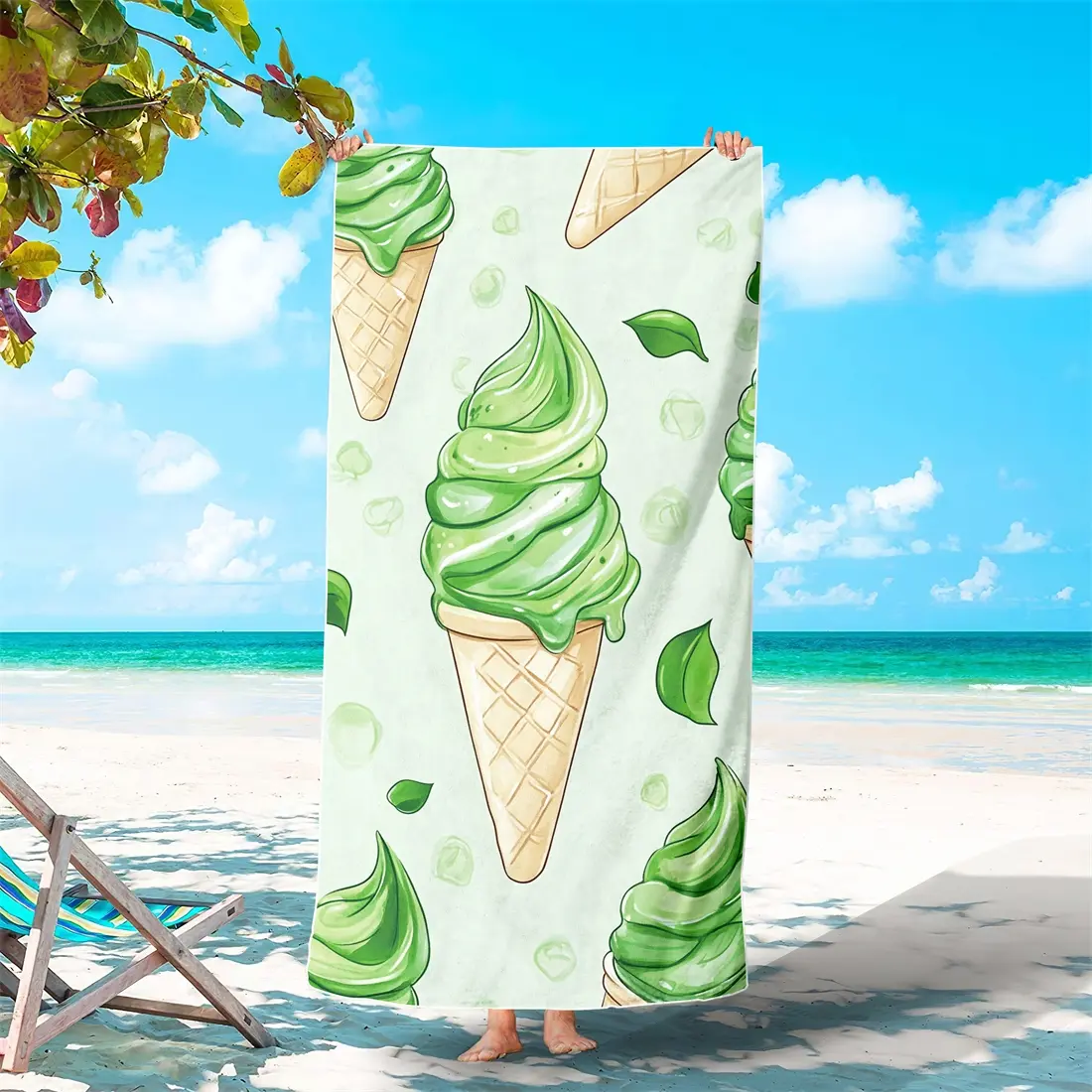  1/2Pcs (31in/63in)&(35in/71in) Matcha Ice Cream Waffle Cone Print Beach Towel, Fresh Mint Leaf Light Tone Print Sand Free Quick Dry Microfiber Towel, Soft Absorbent Swimming Pool Towel For Outdoor Beach Holiday
