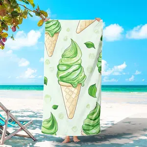  1/2Pcs (31in/63in)&(35in/71in) Matcha Ice Cream Waffle Cone Print Beach Towel, Fresh Mint Leaf Light Tone Print Sand Free Quick Dry Microfiber Towel, Soft Absorbent Swimming Pool Towel For Outdoor Beach Holiday