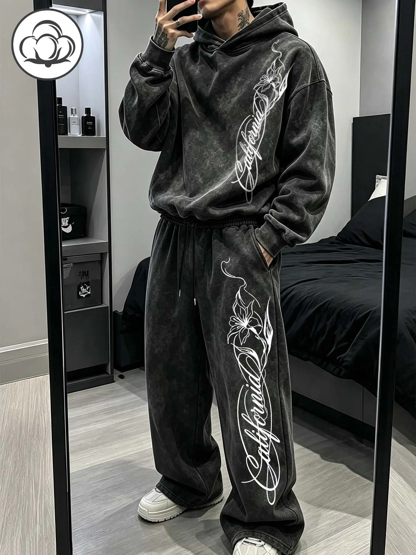 California Floral Letter Print Two-Piece Set, Loose Oversize Hoodie + Wide Leg Pants, Ideal for Skateboarding, Streetwear, Urban Outdoors