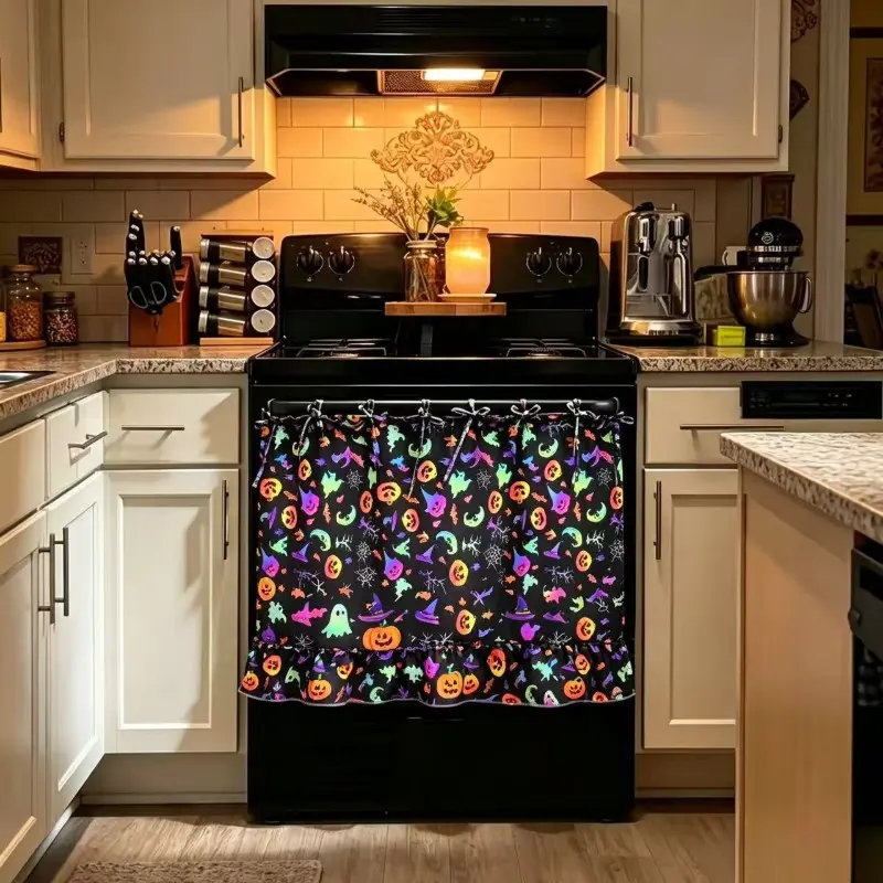 Halloween Bat Pattern Multi-Functional Decorative Curtain, Kitchen Apron, Oven Cover, Washer, Dishwasher, Bathroom Window Decor