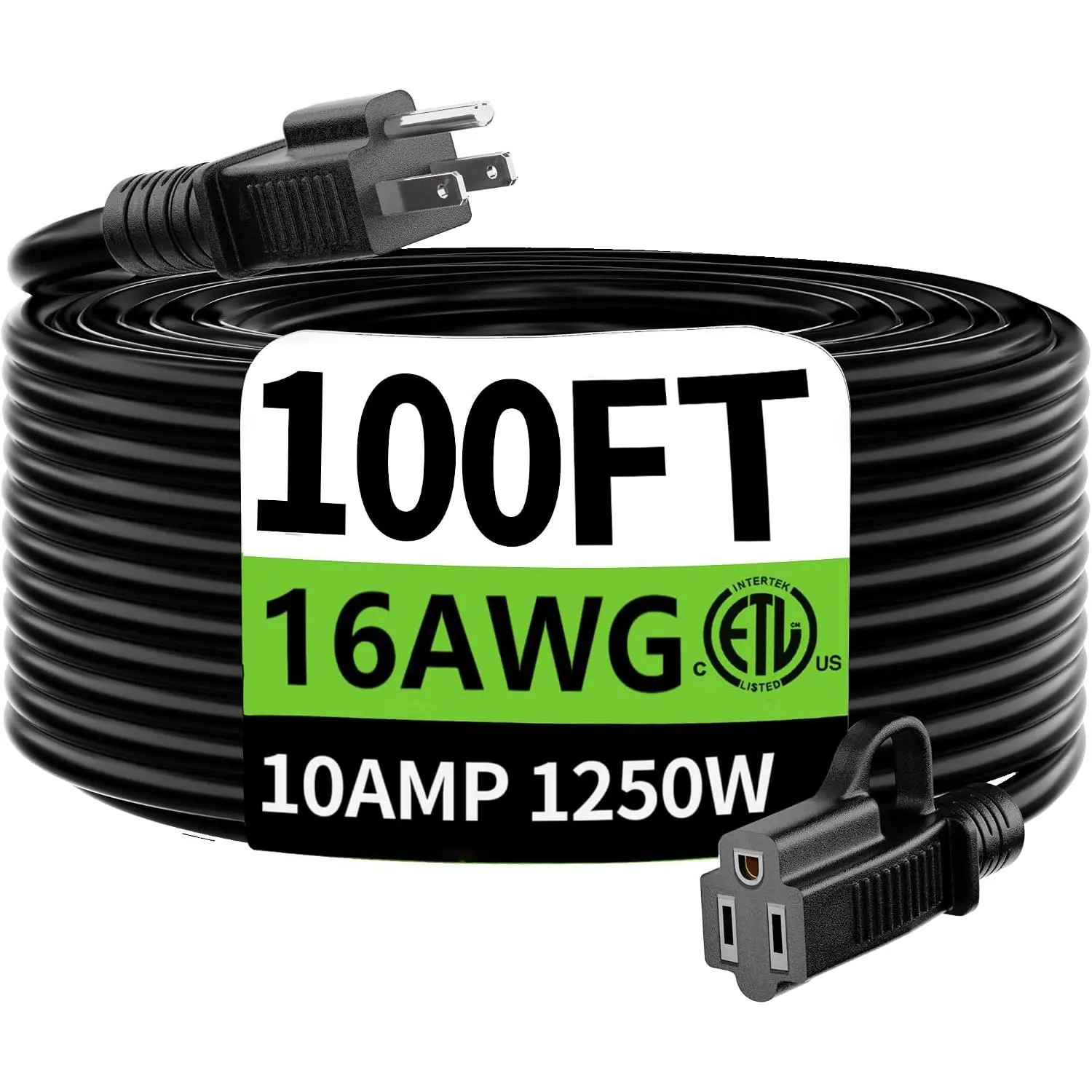 16 Gauge 100 Ft Outdoor Extension Cord Waterproof, 16/3 Flexible Cold-Resistant Appliance Extension Cord Indoor Outside, 10A 1250W 16AWG SJTW, 3 Prong Electric Cable, ETL