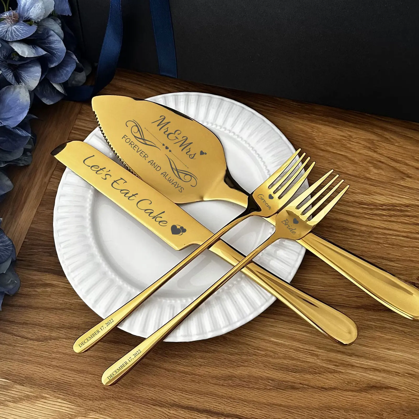 4 Pieces Wedding Cake Knife and Server Set Gold Cake Cutting Set for Wedding Bride and Groom Wedding Favor Gift Anniversaries Gift Bridal Pastry Set Wedding Keepsake Ceremony Gift