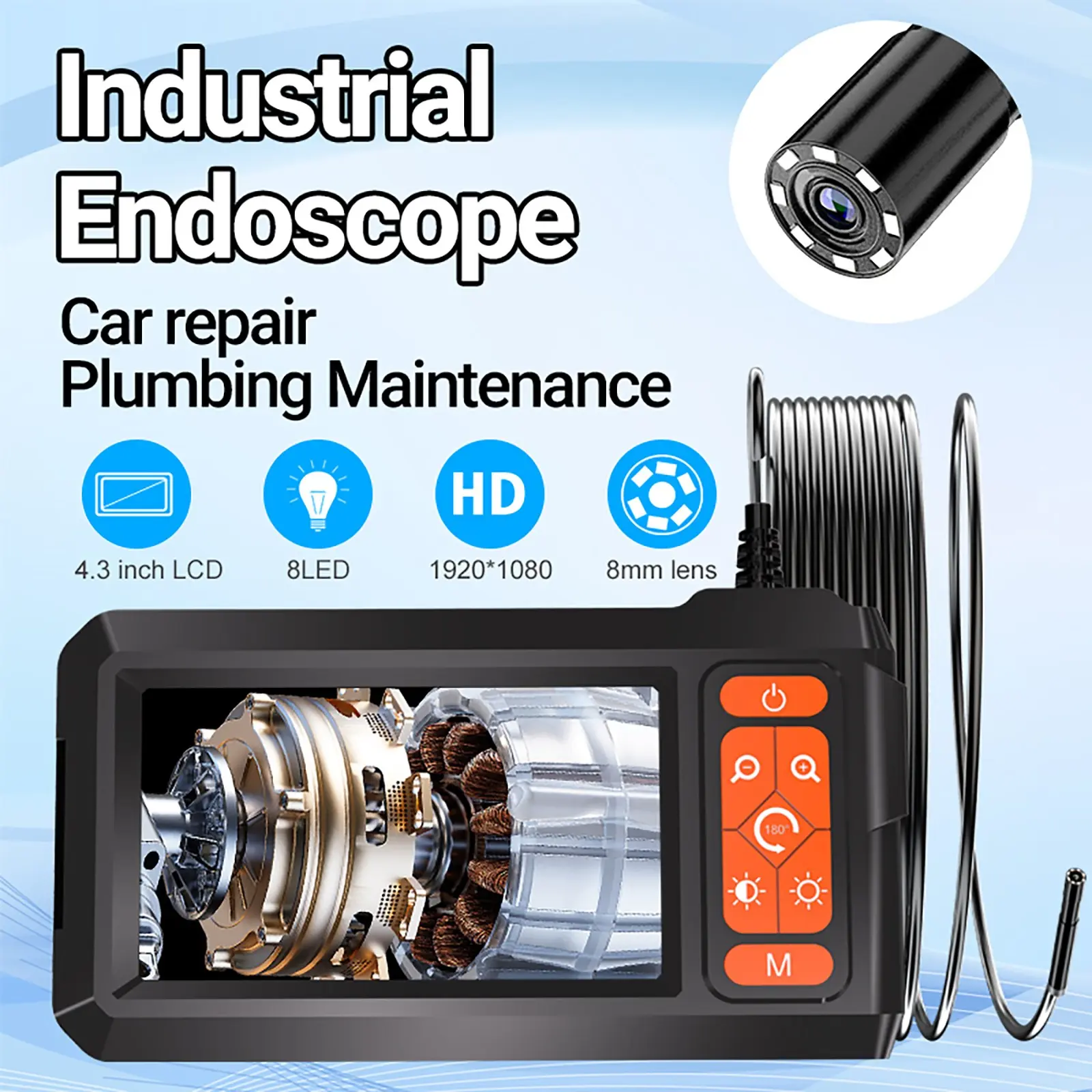 Pipe Endoscope Camera with Light, 4.3 Inch Screen, 8mm Inner Diameter, Ip67 Waterproof, 2600mah Battery, Automotive Maintenance Tools, for Car, Hvac, Wall Inspection