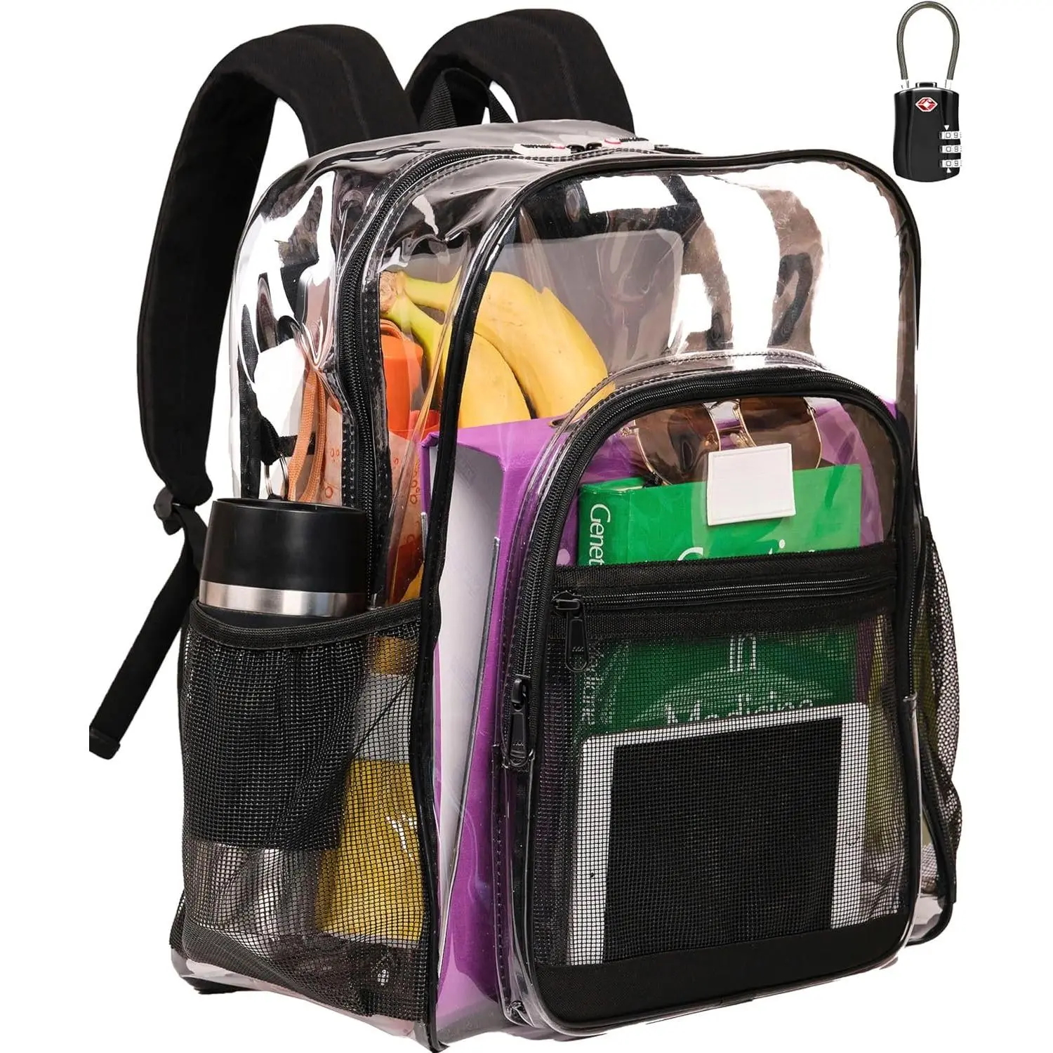 Clear Backpack Heavy Duty XL - H18''xW14''xD8. Has TSA Lock - Black | PVC Transparent Backpack Has 2-WAY  Zipper and Key Holder.