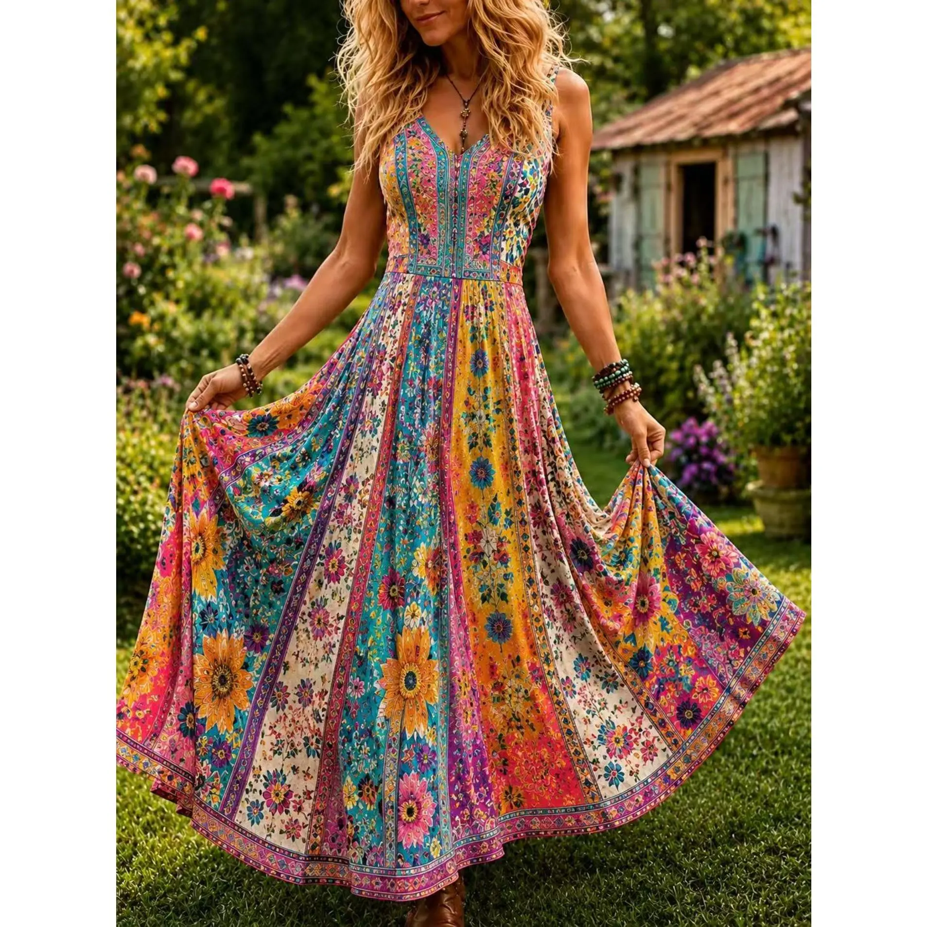 Women's 2026 Summer New Polyester Sleeveless V-Neck Waist-Defined Maxi Dress, Rainbow Contrasting Vertical Strip-Sunflower Small Floral Print, Pastoral Bohemian Vacation Big Pendulum Dress