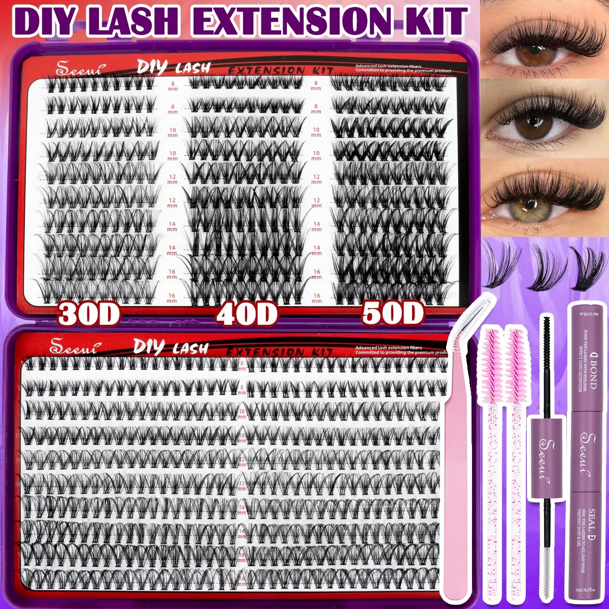 Large Capacity DIY Lash Clusters Kit, 30D+40D+50D Soft Lashes, Natural Lash  with Bottom Lash, Wispy DIY Lash Clusters Set, Faux Mink Lashes, Soft Lightweight Curled Eyelashes, Waterproof Long-Lasting, Includes Bond&Seal, Brushes, Tweezers