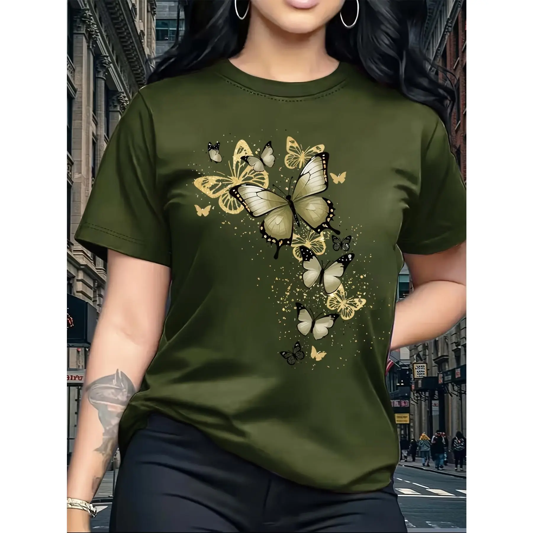 Women's Casual Butterfly Print T-Shirt- Short Sleeve, Round Neck, Soft Polyester, Machine Washable, Comfortable Fit for All Seasons, Casual Wear Top| Fashion Casual Wear| Medium Elasticity