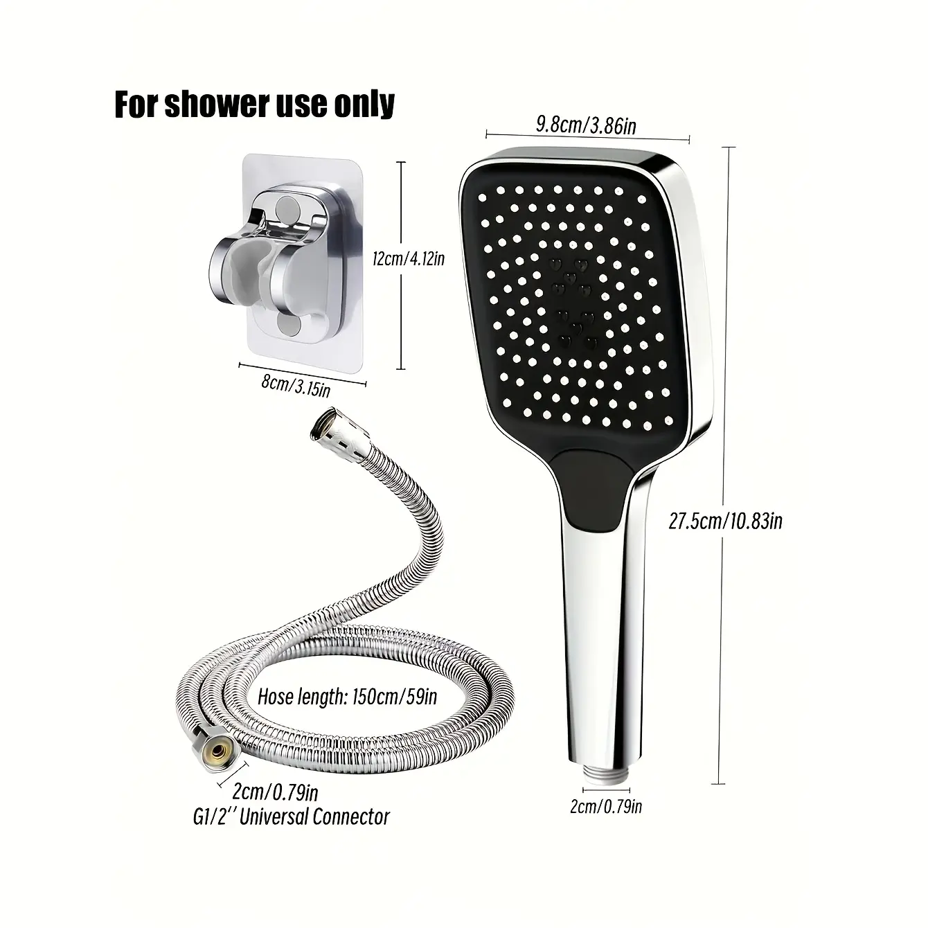 Square key conversion love set: 3 pieces turbocharged shower head high pressure bathtub handheld universal super shower head set, 59.06 inch universal interface G1/2 shower hose, no punching fixed shower bracket, shower use only