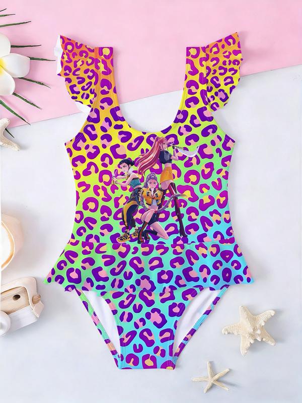 Girls Kpop Demon Hunters One-Piece Swimsuit, Colorful Polka Dot Group Image Print, Ruffled Sleeveless Swimwear, Summer Beach Wear