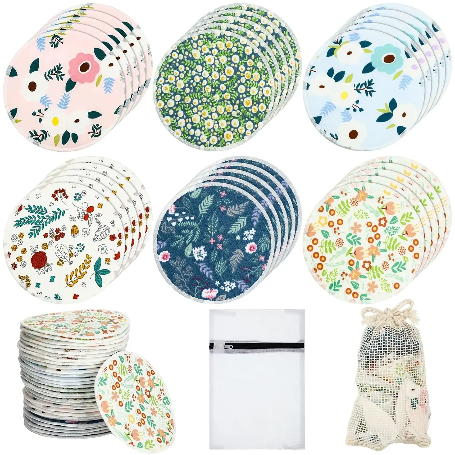 30 Pcs Reusable Washable Bamboo Nursing Breast Pads with Storage Bag & Cotton Laundry Bag, Fresh Floral Pattern Ideal Gifts for Breastfeeding Moms