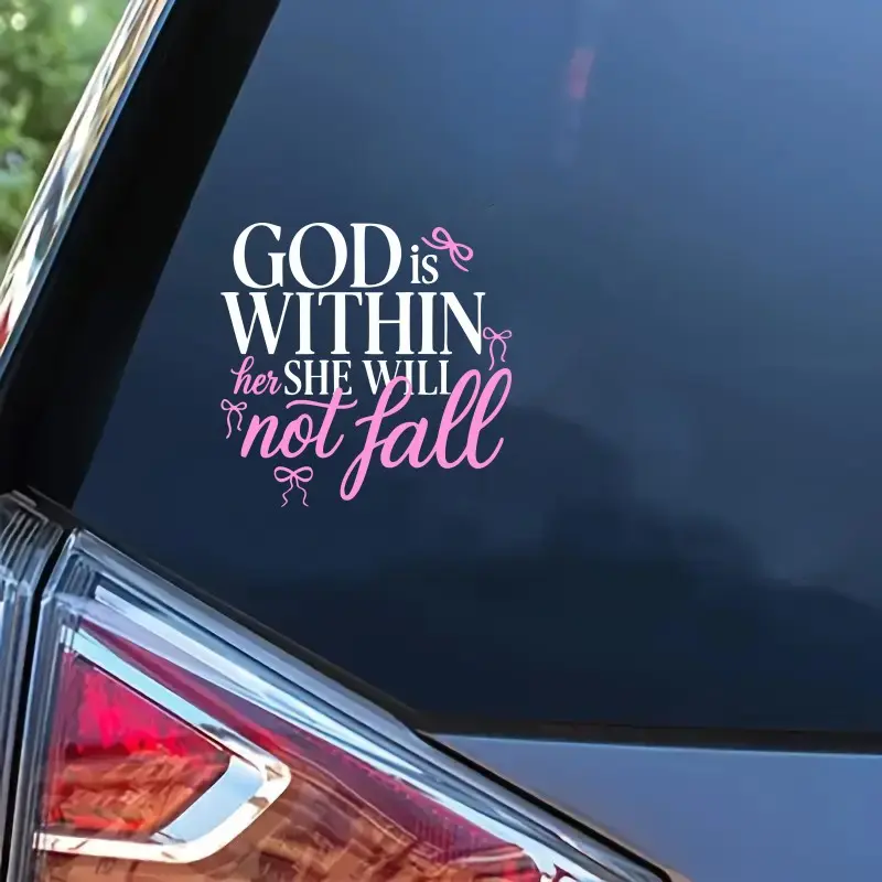 1Pc Vinyl Sticker, God Is Within Her She Will Not Fall Pink Bow Soft Letter Sticker for Laptop, Fridge, Car Body, Window, Decal for Cars, Car Decals, Stickers For Cars, Automobile Decals
