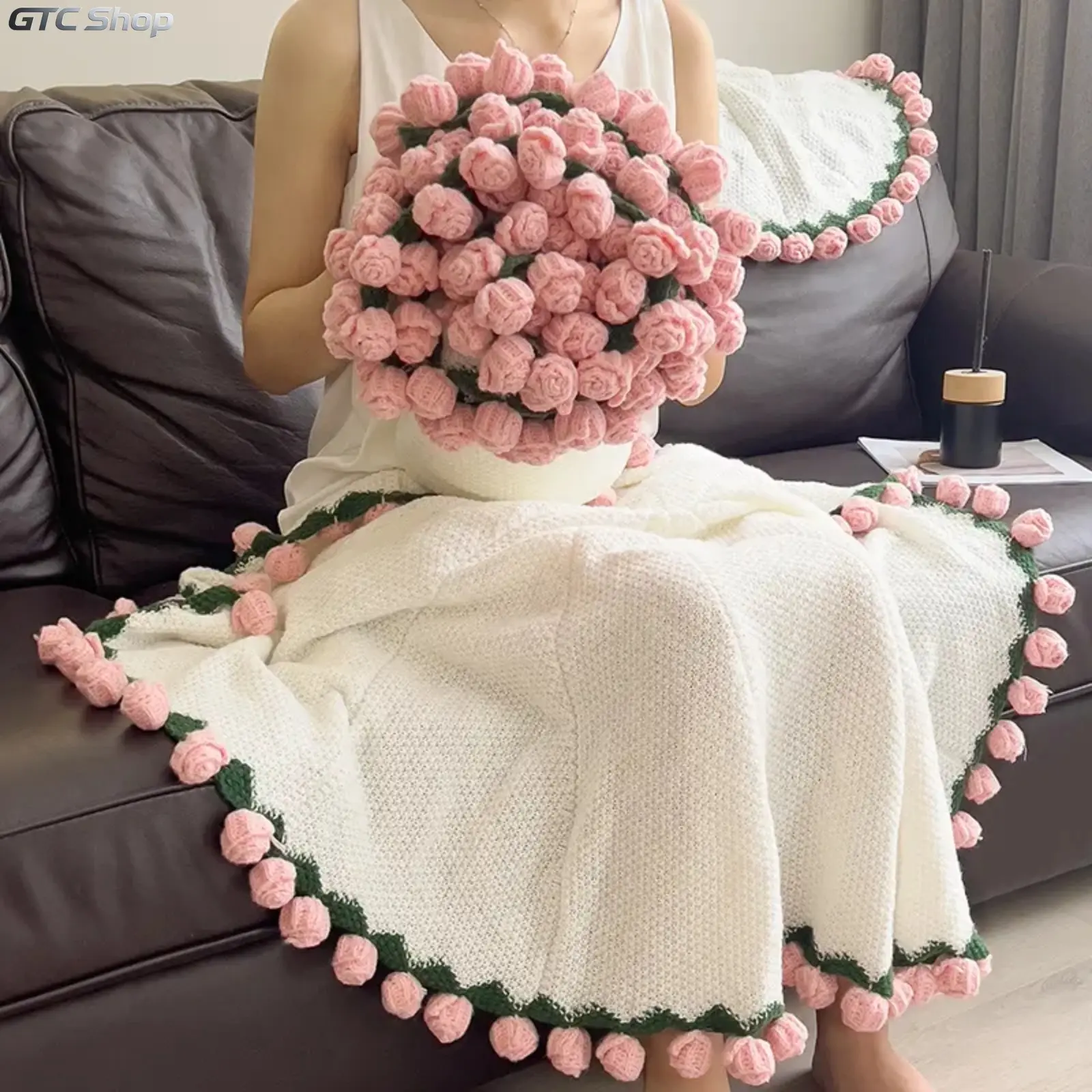 【backtoschool】ROSEKIND Finished Flower Bouquet Blanket,Handmade Crochet Flower Blanket,2-in-1 Soft Knitted Throw Rose Blanket, Romantic Gift for Birthday Wedding Valentine’s Day Mother's Day for Mom Girls and Sisters,Gifts for All Occasions, Room Decor, N