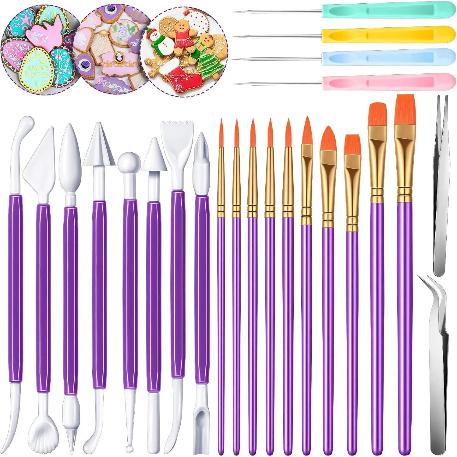 24 Pieces Purple Cookie Fondant Cake Decorating Tool Set, Includes Brushes, Sugar Stir Needle, Fondant Modeling Tools, Elbow & Straight Tweezers