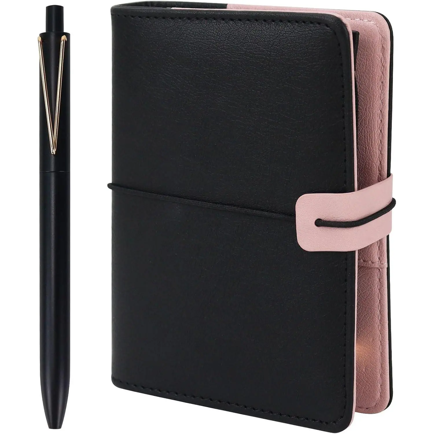 A7 Refillable Notebook Planner Cover 6 Ring, Mini a7 Binder Wallet Budget Binder Notebook Folders PU Leather Organizer with Zipper Pockage and Pen, Aesthetic Black Loose Leaf Binder